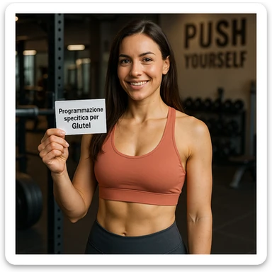 realistic image of a woman in sportswear holding a gym card with the text 'Programmazione specifica per Glutei', gym environment, motivational atmosphere, realistic details sticker