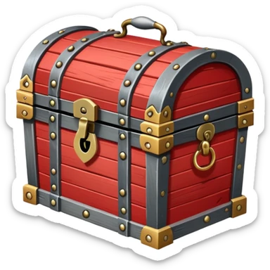 A red wooden treasure chest from an RPG, with metal hinges and a lock sticker