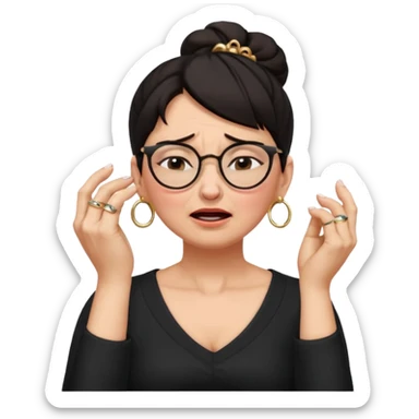  middle aged woman with dark hair pulled up in a high bun, wearing round ring earrings and glasses with a very painful expression on her face, eyes squeeed shut, wincing in pain, sticking her fingers in her ears trying to not hear a terrible singer who is too loud and out of tune.  sticker