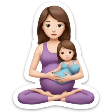 "Pregnant woman sitting in a yoga pose with long brown hair and fair skin, holding a baby with short brown hair and fair skin." sticker