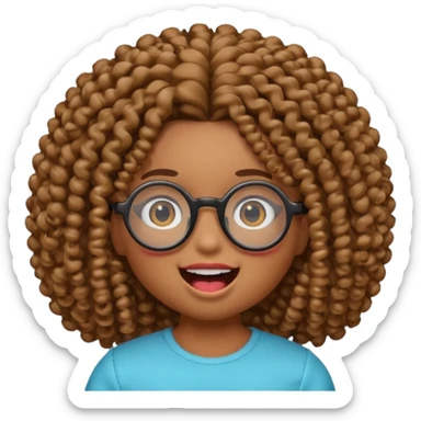 gere um boneco emoji da pele parda com o cabelo cacheado e meio grande, com olhos pretos e um óculos redondo, e também com a boca aberta mostrando os dentes sticker