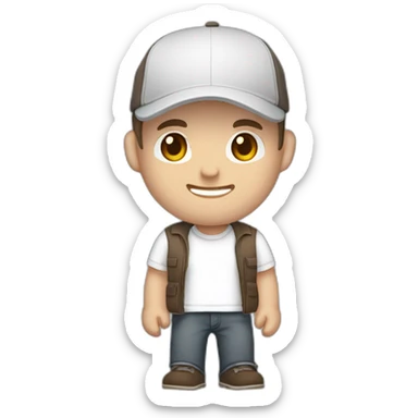 Pale skinned fit Man with dark brown hair in a light gray cap, dark brown jeans, brown polo and white T-shirt keeping a pasted with tape white box into his hands sticker
