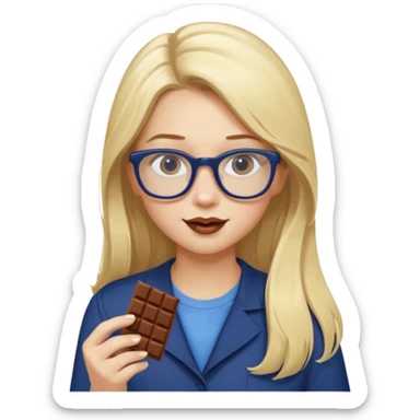 Blonde long haired girl with navy blue framed glasses eating chocolate with blonde eyebrows sticker