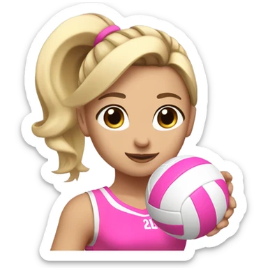 blonde haired girl with a ponytail and brown eyes, bumping a volleyball in a pink volleyball outfit sticker