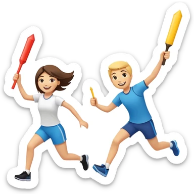 Show two happy team members passing a bright baton in a relay race. One girl, young woman and a young man with all sorts of happy smiley emojis in the air.  Add the words Rejuvenation Break at the top in fun lettering sticker