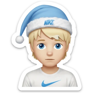 create boy blonde hair long messy, light eyes, white t shirt, rich, long hair, eyes blue, acessory head cristimas blue hat, long hair, t shirt nike sticker