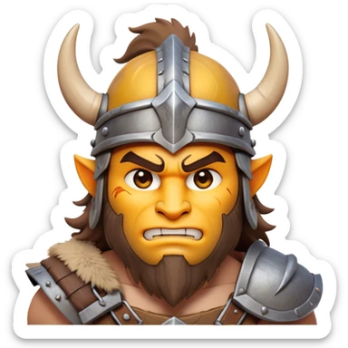 Clash of Clans aesthetic friendly Barbarian Portrait Emoji, Poised and bold with a rugged yet cartoonish build in tattered furs and a horned helmet, his face rendered in a natural skin tone (not yellow), expressive bright eyes and a confident smirk, Simplified yet dynamic features, highly detailed, glowing with a vivid, adventurous aura, high shine, heroic and spirited, stylized with an air of medieval warrior charm, focused and energetic, soft glowing outline, capturing the essence of a fearless barbarian adventurer ready to lead his clan with spirited valor! sticker