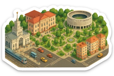 Изометричная миниатюрная фотореалистичная 3D модель панорамы Краснодара - вокзал Краснодар, КубГМУ, парк Краснодар со стадионом, краснодарские дома, автотранспорт четкие линии, яркие цвета, мультяшный реализм, люди, автотранспорт, компактная композиция, вид сверху в изометрии, прозрачный фон sticker