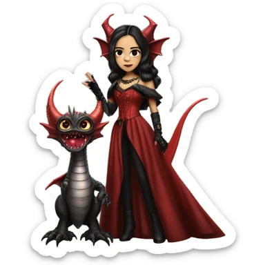 surprised Lavish Victorian evening gown with gloves, Jenna Ortega as Addams girl Jedi wearing a steampunk mini tiara, very large blood red evil-looking horned dragon sticker