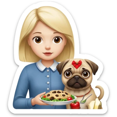 haz una chica rubia dandole comida a su perro pug sticker