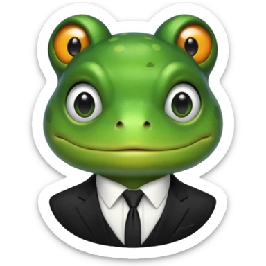 ["Green frog head, dressed in a black suit with a black tie."] sticker