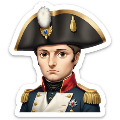 Cinematic Realistic Napoleon Bonaparte Portrait Emoji, depicted as a commanding military leader with a determined gaze and iconic bicorne hat, rendered with dramatic textures and bold historical lighting that captures his imperial legacy. sticker