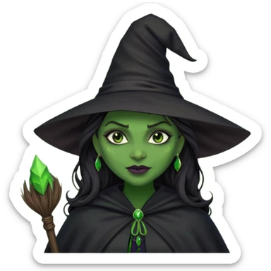 elphaba wicked witch with broom close up, evil dark coily long dark hair, green skin, thick green lips, cheekbones, smirk evil menacing cythia erivo dark aesthetic black hat cloak dark broom sticker