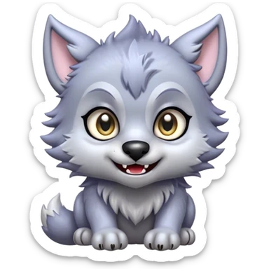 Cinematic Cute Werewolf Portrait Emoji, with a cuddly, miniature lupine form in soft moonlit grays and silvers, featuring oversized sparkling eyes and a sweet, endearing snarl, simplified yet irresistibly adorable, highly detailed with a gentle glowing outline that captures the playful, heartwarming essence of a little werewolf! sticker