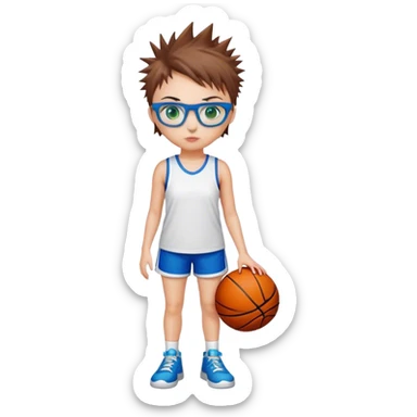 Full Body white Girl with basketball spikey short brown hair  wearing blue glasses with green eyes sticker