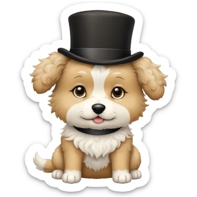 cute small tan and white dog with black nose, black round eyes, curly fluffy medium length hair, wearing a top hat sticker