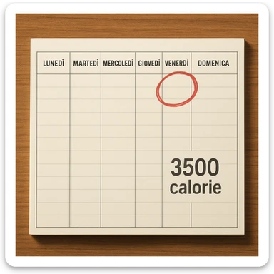A hyperrealistic weekly calendar viewed from above in Italian, showing days from Monday to Sunday. Friday is circled in red. Below Saturday, the text '3500 calorie' is clearly visible. The image has 4K details and a desk atmosphere. sticker