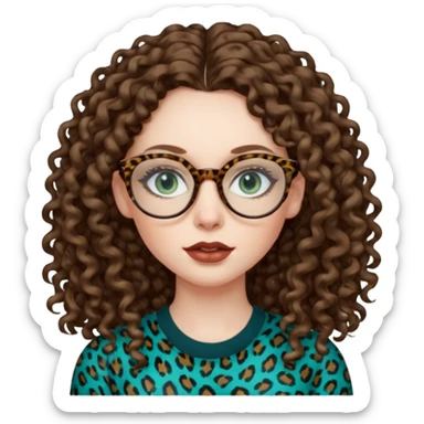 a blue green eyed woman with very long brunette curly hair, full lips,and pale skin. She is wearing a leopard printed thin round-ish glasses . She is wearing a brown top. sticker