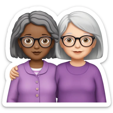 Create an emoji of two identical black toddler girls who are twins, standing next to an older white woman with glasses and gray hair. sticker