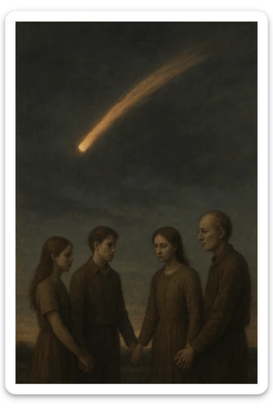 A small group of people holding hands, watching a comet or meteor in the sky, their faces serene but tinged with melancholy, soft tones, end-of-the-world atmosphere. sticker