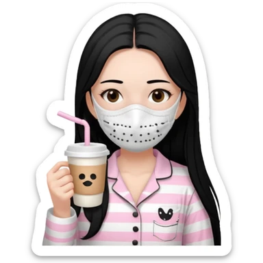 chica de pelo lacio color negro cabellera larga piyama blanca con rayas rosa claras peo no tan claras no oscuras el bordado es negro al igual que los botones )tiene una mascarilla para la carablanca y sostiene y cafe con bolitas nedras al dondo con unsorbete tranparente y es de test blanca  sticker