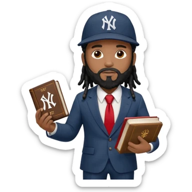 African American man with shoulder length black dreadlocks with black beard wearing a New York Yankees logo baseball cap wearing a suit with red tie walking to the right holding a Holy Bible sticker