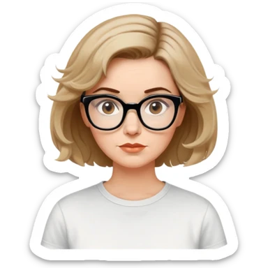 white woman in 50s, light warm skin, short messy bob with some waves, medium brown hair, big black thick glasses, white t-shirt, focused and serene look sticker