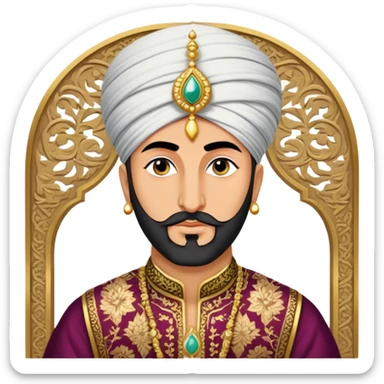 Suleiman the Magnificent – Cinematic Realistic Portrait of Suleiman the Magnificent, depicted as a regal Ottoman sultan in luxurious traditional attire with intricate patterns and a golden turban, his commanding gaze illuminated by warm, historic lighting, exuding majestic authority and timeless grandeur. sticker