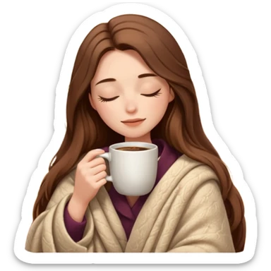 long brown hair woman closed eyes hiding under a cozy wool beige blanket, holding cup of coffee, autumn mood sticker
