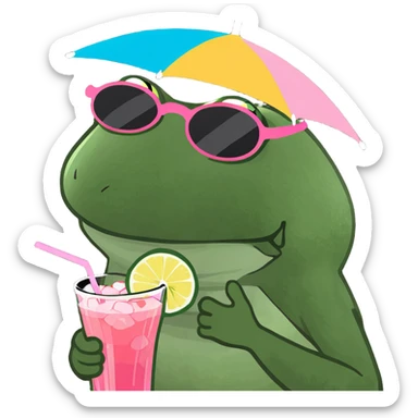 Bufo frog in a jumping pose, with rainbow umbrella hat, round sunglasses, holding a pink cocktail, classic Bufo meme style, no background. sticker