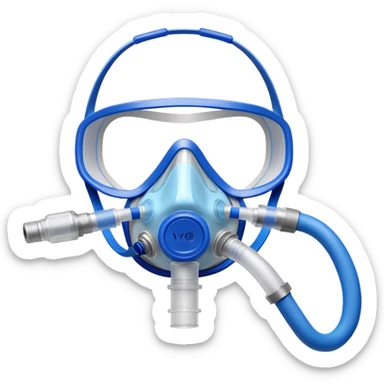 Close-up of blue VO2 max testing mask with breathing tubes and valves, no person wearing it sticker