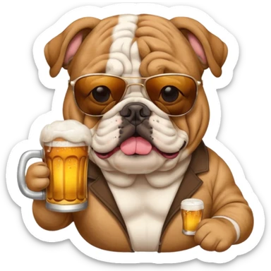 English bulldog wearing sunglasses holding a beer sticker