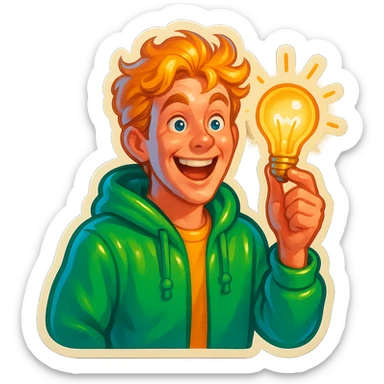 bright and expressive male visionary, fair skin, tousled golden hair, wide joyful eyes, wearing a green hoodie over a yellow tee, one hand raised with a glowing lightbulb, waist-up, front-facing sticker
