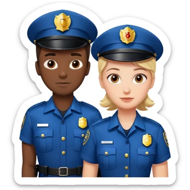 white female policeman in a blue unifrom, black male fireman in a red uniform sticker