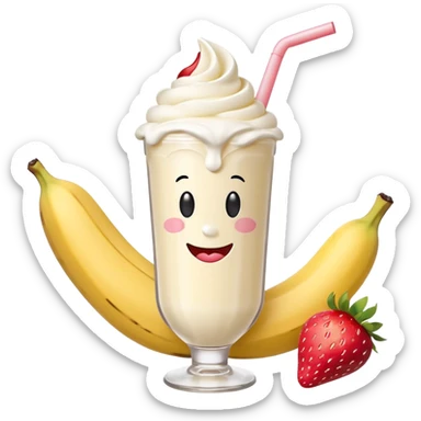 Milkshake vanilla with a banana sticking out of the milk shake it and two strawberries on both sides of the banana at the very tip of the banana, whipped cream and a smiley face sticker