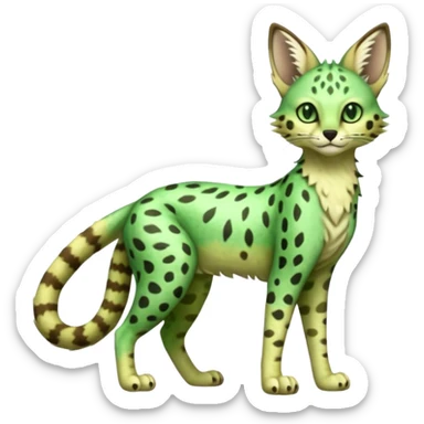 Epic complex detailed emerald-green lime-green dark-brown beige pastel realistic aesthetic-scenic-Fakémon-Sprigatito-Floragato-Meowscarada-Trico-Sergal-Serval-Vernid-creature (full body) sticker