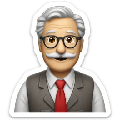 smiling old painter wearing a big grayl horeshoe mustache and glasse. he has a paintbrush in his hand. he wears red shirt and tie sticker