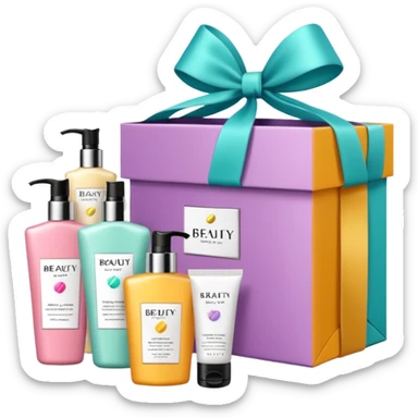Gift bag with beauty products (shampoo, creams, styling products), a gift bag is beautyful open box with luxury brand-labeled beauty products standing nearby sticker