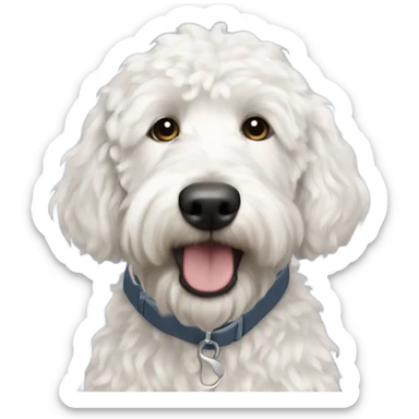 i want a white golden doodle medium hair length wearing a thunder shirt  sticker