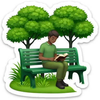 silhouette of man sitting with book on bench surrounded by trees/bushes green color palette sticker
