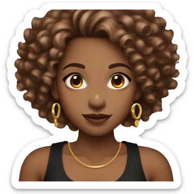 Female with curly cherry chocolate hair, burgundy eyes and light skin. She wears eyeliner and mascara, a black tank top and gold jewelry sticker