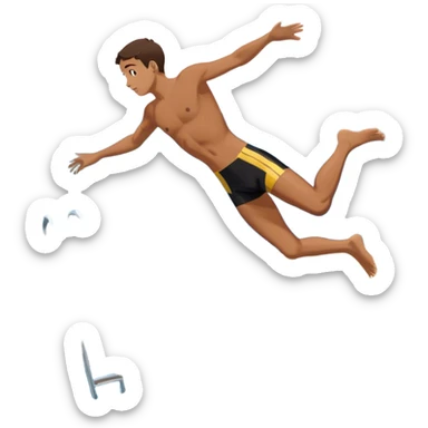 A person mid-air after jumping off a diving board, body slightly tense but moving forward. Below them, a pool labeled "Confidence", with ripples forming. A subtle 5-4-3-2-1 on the diving board shows they took the leap despite fear. sticker