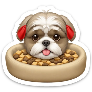 old ALL grey shih tzu in dog bed tongue hanging out bowl of food in front sticker