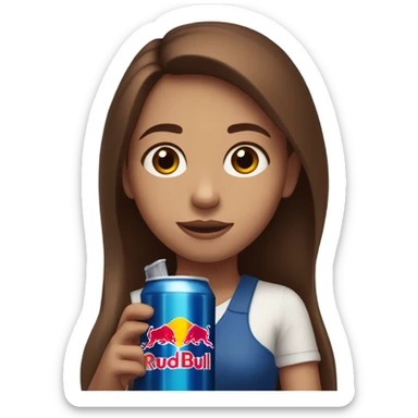 Girl with blue eyes and long brown hair holding a Red Bull drink while working sticker