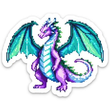 mysterious dragon with a long tail, large wings, and a magical aura, in green, blue, and purple sticker