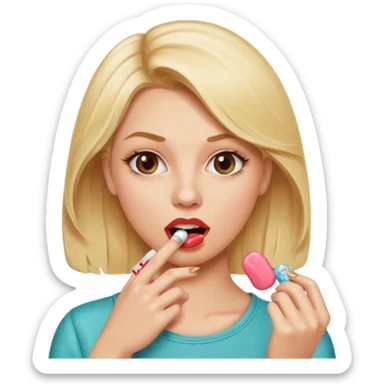 Elle fais une peu petasse, elle se mord le coin de la lèvres. Elle est blonde. Ongles vernis marrons. Elle mâche un chewing-gum  sticker