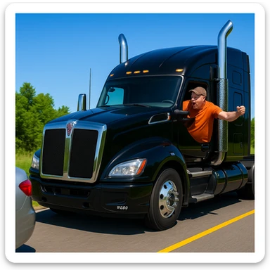 A black 2026 Kenworth W680 semi sleeper truck with chrome stack, following a car in front on a bright and vibrant clear road. The truck driver is angry, bald, wearing an orange shirt and a baseball cap, with arm out the window. Both vehicles visible in an energetic and lively road scene. sticker