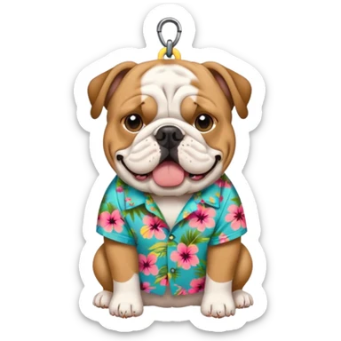 english bulldog in a floral Hawaiian shirt, dog tag labeled 'chompers', emoji style sticker