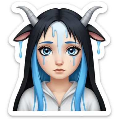 5 foot 7 inches-White female-big tears dripping-gorgeous face-very very long eyelashes-sky blue eyes with black eyeliner-very very long straight black to sky blue hair ombre-dressed as a goat sticker