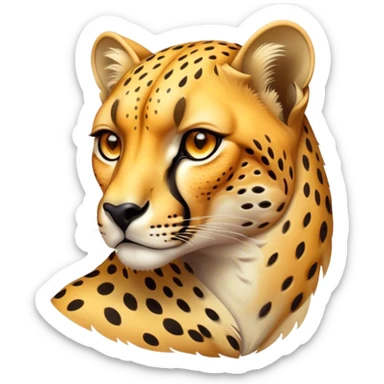 Cinematic Noble Cheetah Portrait Emoji, Poised and regal, with a lean, muscular build and a sleek, spotted Fur of golden hues, deep-set soulful amber eyes, Simplified yet sharp and sophisticated features, highly detailed, glowing with a warm, dignified glow, high shine, intelligent and swift, stylized with an air of wild elegance, focused and attentive, soft glowing outline, capturing the essence of a watchful and confident predator, so majestic it feels as though it could sprint out of the screen with effortless authority! sticker